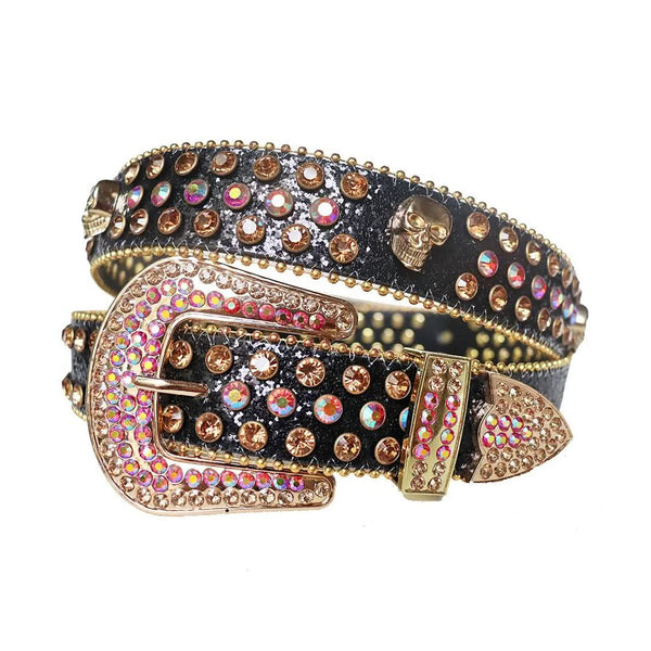 Pink and Gold Rhinestones with Skull Studs and Black Strap Rhinesto...