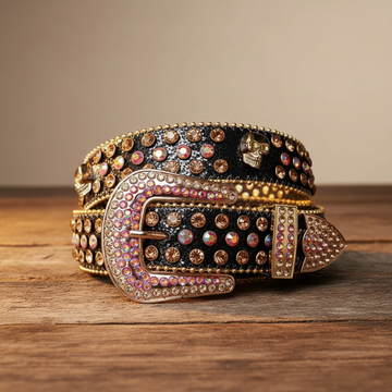 Pink and Gold Rhinestones with Skull Studs and Black Strap Rhinestone Belt – Luxury Handmade Designer Gift Bling