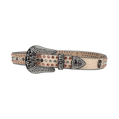 Skull Buckle Beige Strap with Brown and Crystal Studs Rhinestone Belt