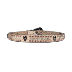 Skull Buckle Beige Strap with Brown and Crystal Studs Rhinestone Belt