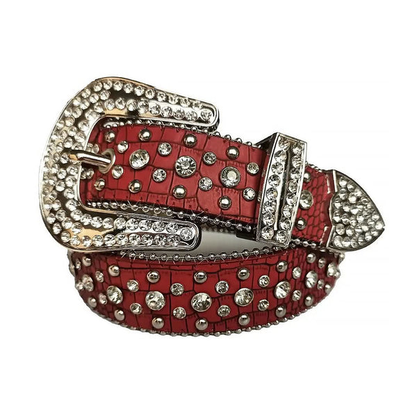 Diamond Rhinestones and Silver Studs with Red Texture Strap Rhinestone Belt-Belts-The Rhinestone Belts