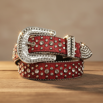 Diamond Rhinestones and Silver Studs with Red Texture Strap Rhinestone Belt