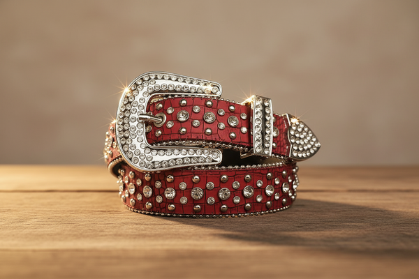 Diamond Rhinestones and Silver Studs with Red Texture Strap Rhinestone Belt