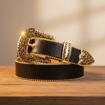 Black Strap with Gold Studs Rhinestone Belt