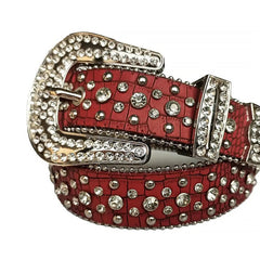 Diamond Rhinestones and Silver Studs with Red Texture Strap Rhinestone Belt