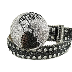 Black and Diamond Rhinestones with Black Glitter Strap and Globe Buckle Rhinestone Belt