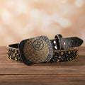 Black rhinestone belt with large square 8-ball buckle, studded trim and side rivets