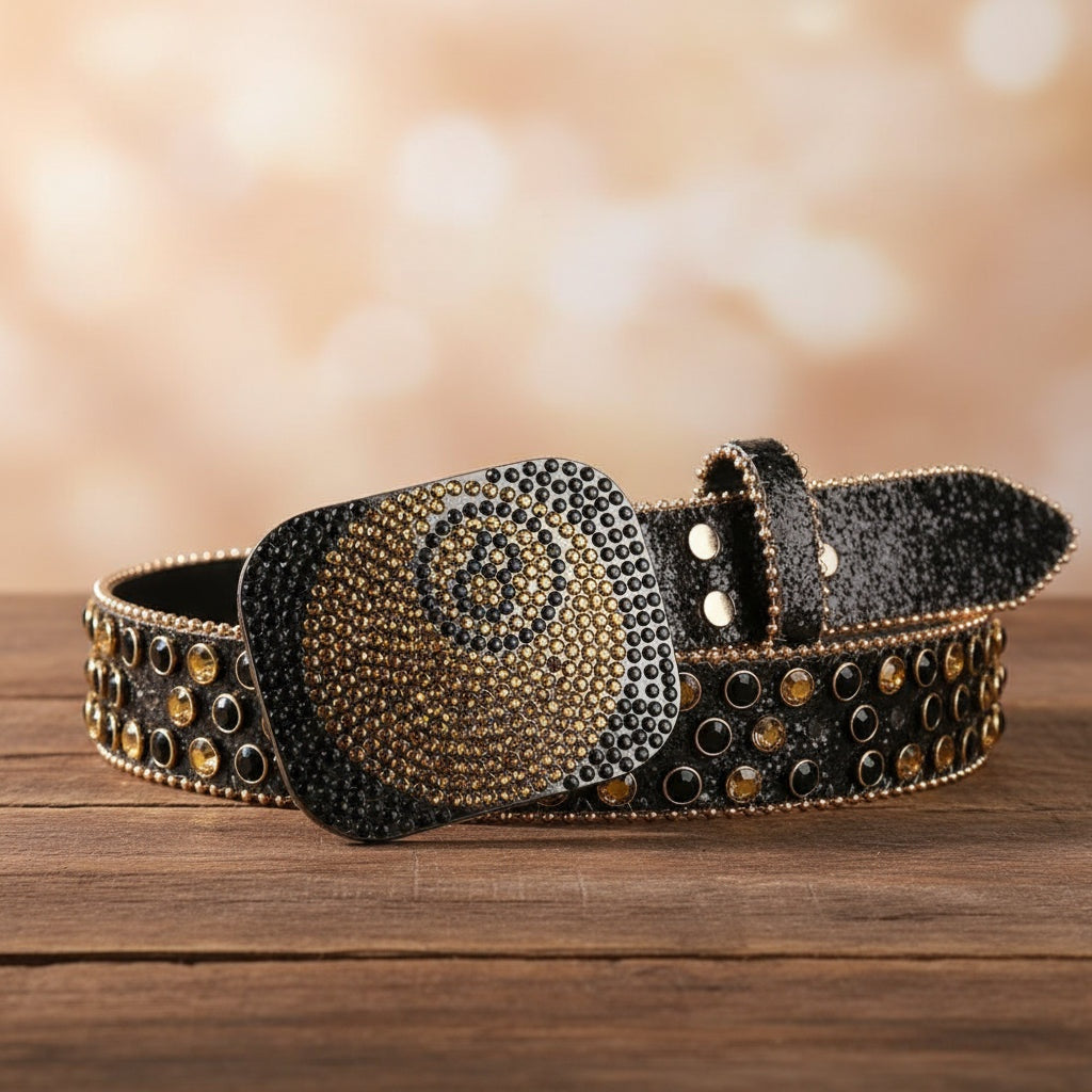 Black rhinestone belt with large square 8-ball buckle, studded trim and side rivets