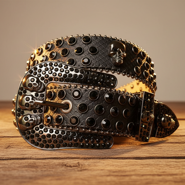 Gürtel mit schwarzen Strasssteinen, Riemen mit Anthrazit-Schlangenmuster und Totenkopf-Schnallen