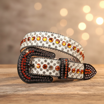 White Strap with Orange and Crystal Studs Rhinestone Belt
