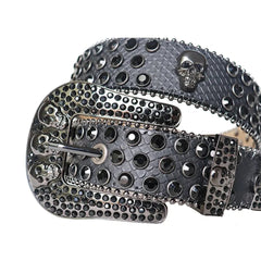 Black Rhinestones with Charcoal Snake Texture Strap and Skull Buckles Rhinestone Belt