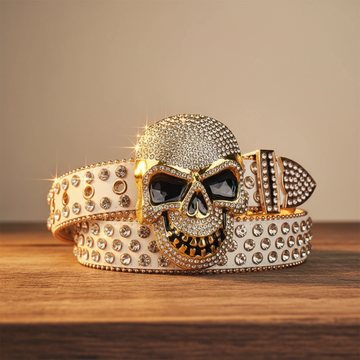 Diamant-Strasssteine mit weißem Riemen und Totenkopf-Schnalle