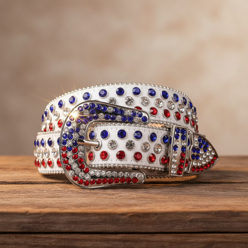 White Strap with Red and Blue Studs Rhinestone Belt