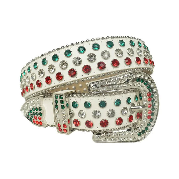 Multi-Color Rhinestones with White Strap Rhinestone Belt | TRB Belts