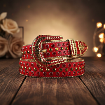 Red Strap with Red and Gold Studs Rhinestone Belt