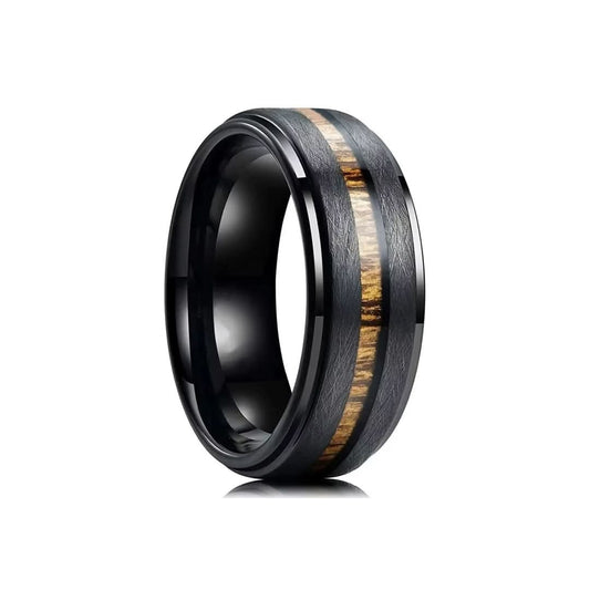 Black stainless steel ring with wood inlay and glossy dark interior