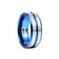 Tungsten carbide ring with thin blue stripe, reflective silver finish and dark blue inside