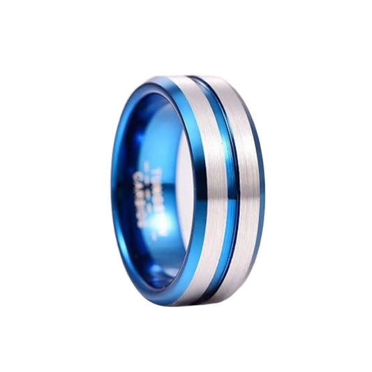 Tungsten carbide ring with thin blue stripe, reflective silver finish and dark blue inside