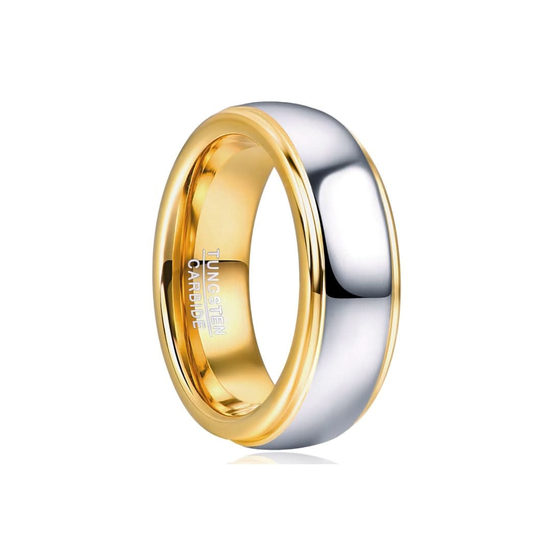 Domed tungsten carbide ring, polished gold band over silver side panel
