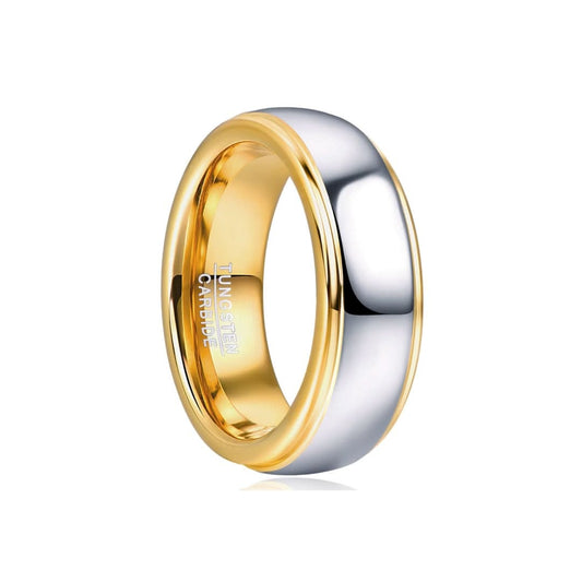 Domed tungsten carbide ring, polished gold band over silver side panel