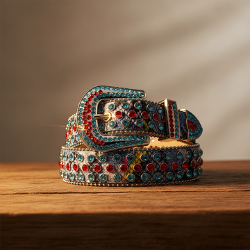 Red and Blue Rhinestones with Snake Texture Strap Rhinestone Belt – Luxury Handmade Designer Gift Bling