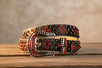 Schwarzer Strass-Gürtel – Rot-schwarzer Nieten-Statement-Gürtel