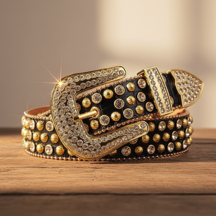 Black Strap with Gold and Crystal Studs Rhinestone Belt