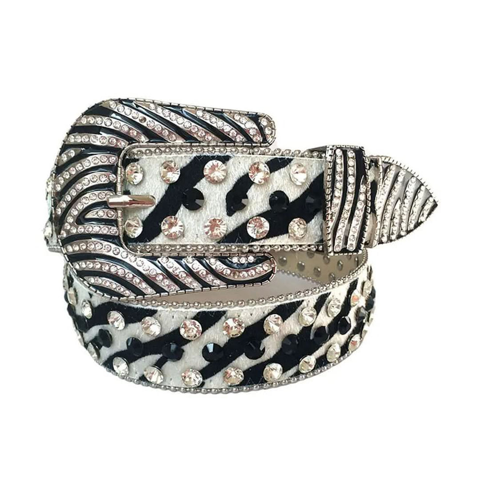 Diamond and Black Rhinestones with Zebra Strap Cowgirl Rhinestone Belt