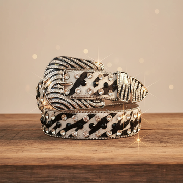 Cowgirl-Strassgürtel mit Diamanten und schwarzen Strasssteinen und Zebra-Gurt