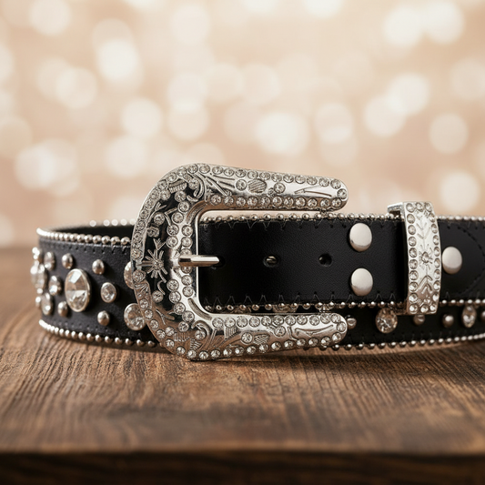 Western Cross Rhinestone Belt - Black Bling Cowboy Style