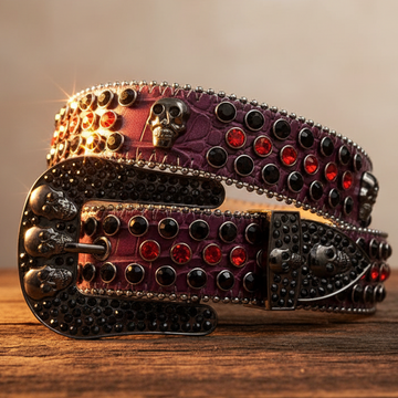 Skull Buckle Purple Strap with Black and Red Studs Rhinestone Belt
