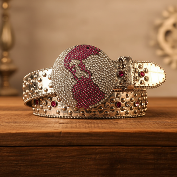 Globe Buckle with Silver and Pink Studs Rhinestone Belt – Luxury Handmade Designer Gift Bling Men/Women