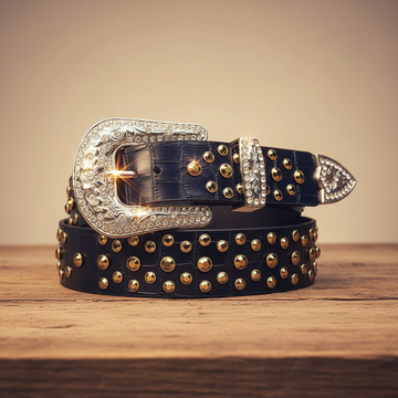 Engraved Buckle Black Strap with Gold Studded Design Rhinestone Belt
