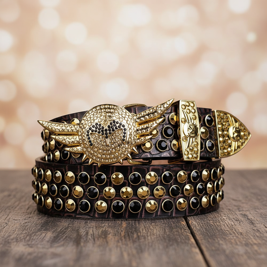 Black rhinestone belt with gold angel wing buckle and round studded strap.