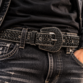 Black rhinestone belt with large oval buckle and studded ring accents