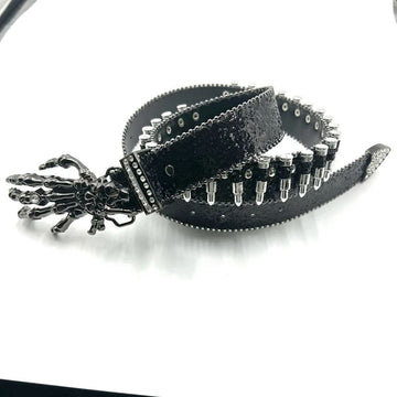 Black leather belt with skeleton hand design and studs on a white background