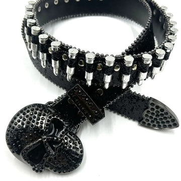 Black Skull Rhinestone Belt with Bullets Black Strap