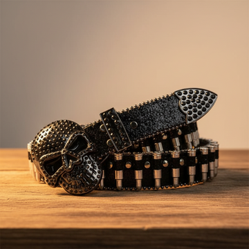 Schwarzer Totenkopf-Strassgürtel mit Kugeln, schwarzes Band