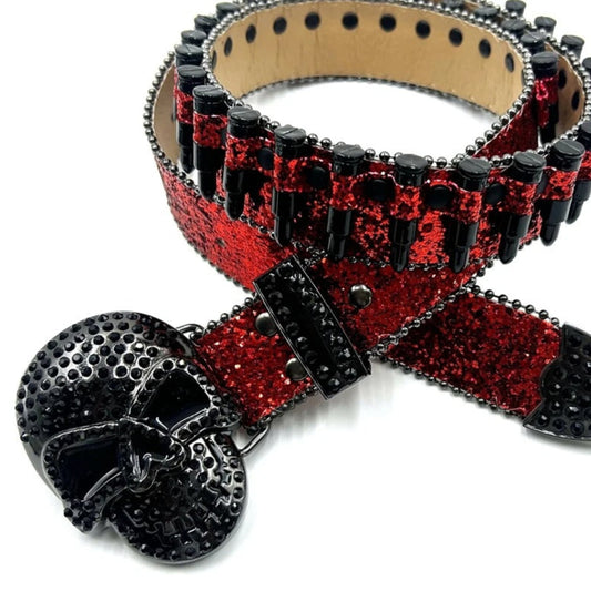 Black Skull Rhinestone Belt with Bullets Red Strap