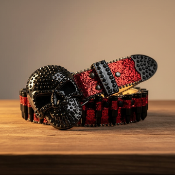 Black Skull Rhinestone Belt with Bullets Red Strap – Luxury Handmade Designer Gift Bling Men Women