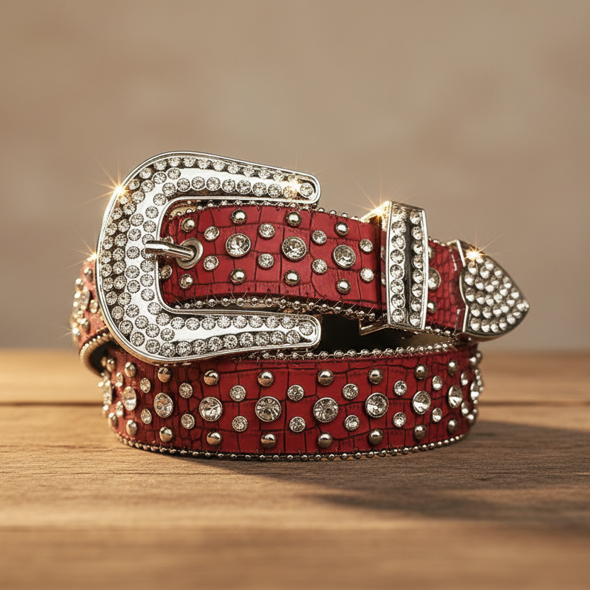 Red textured rhinestone belt with silver buckle frame and round silver studs