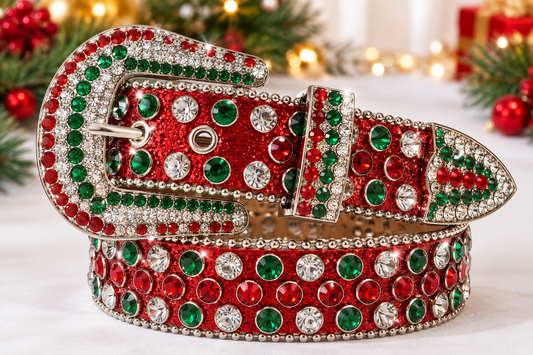 Rhinestone western belt with red suede-look strap, green crystals, silver-tone buckle.