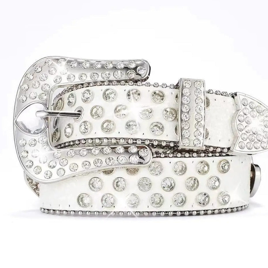 Diamond Heart Rhinestone Belt with Clear Heart Buckle & White Strap. Unisex Western glam – secure stones, premium build, radiant sparkle.