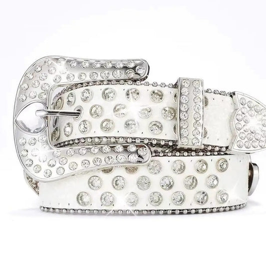 Diamond Heart Rhinestone Belt with Clear Heart Buckle & White Strap. Unisex Western glam – secure stones, premium build, radiant sparkle.