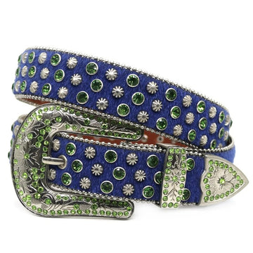 Engraving Navy Blue Strip Green Rhinestone Buckle Belt