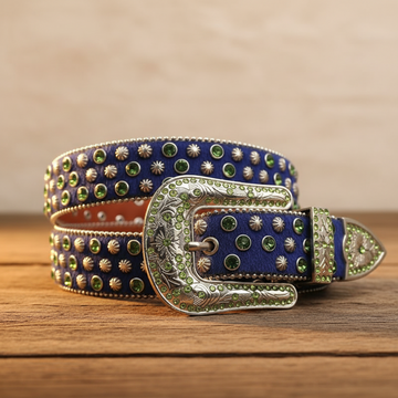 Engraving Navy Blue Strip Green Rhinestone Buckle Belt – Luxury Handmade Designer Gift Bling Men/Women