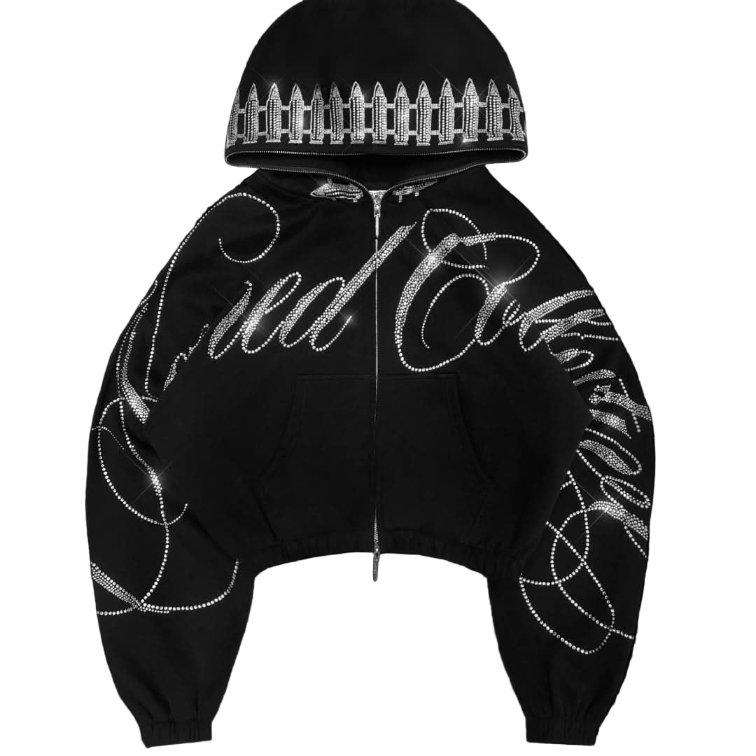 Black Enemy Rhinestone Zip Up Hoodie