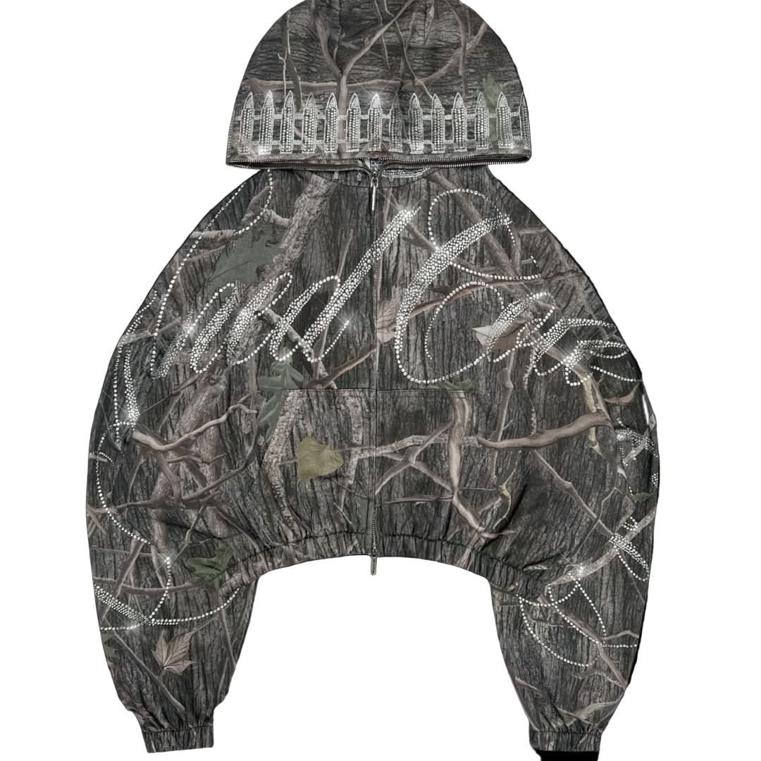 Camouflage hoodie with rhinestone embellishments on a black background