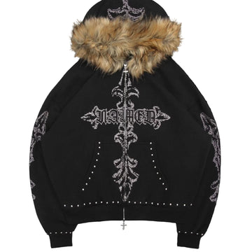 Feral Faux Fur Bling Hoodie – Studded Zip Up Rhinestone Hoodie