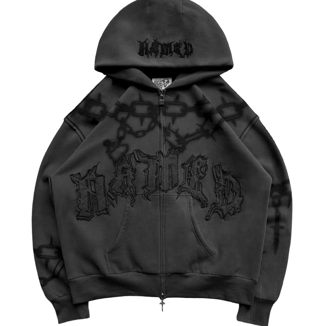 Chains Zip Rhinestone Hoodie Cast Iron